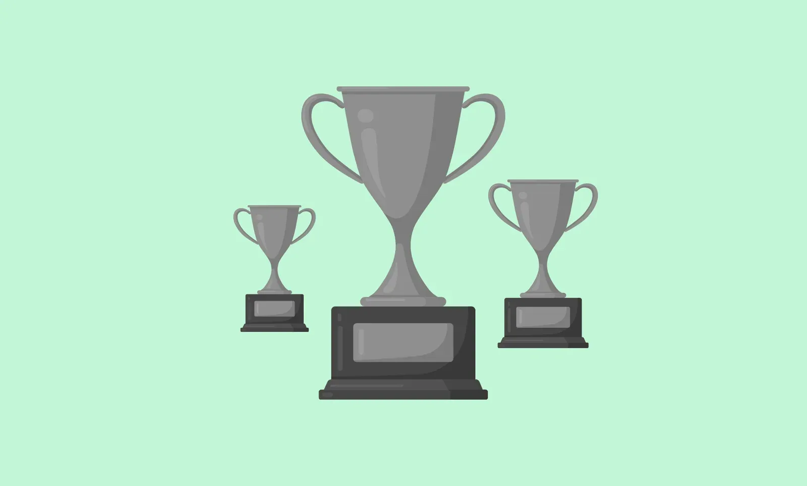 Flat illustration of three gray two-handled trophy cups on dark bases against a mint green background.