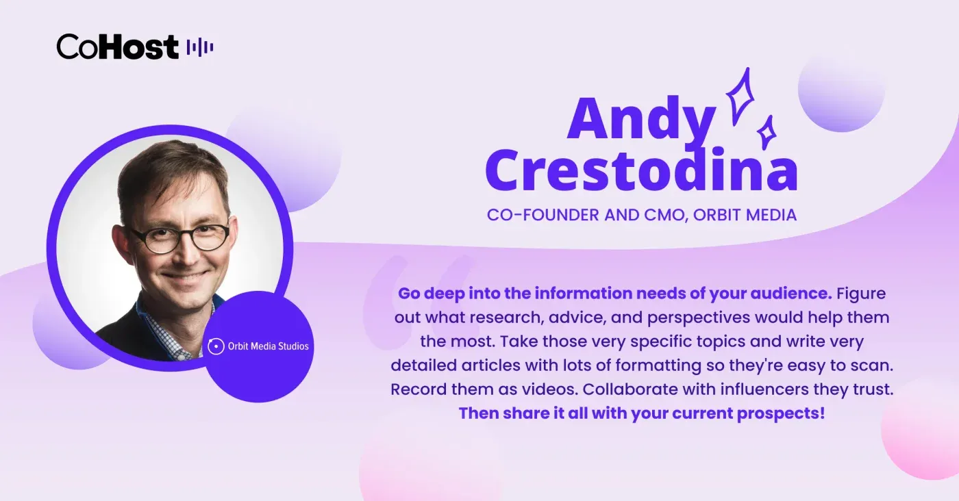 "Andy Crestodina, Co-Founder and CMO, Orbit Media" quote card with his headshot and CoHost logo.