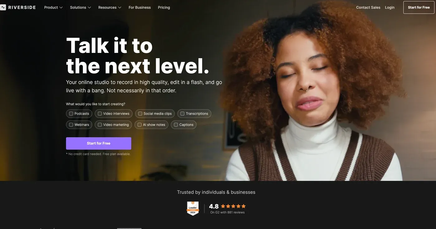 Riverside homepage headline "Talk it to the next level" beside a woman with curly hair and eyes closed