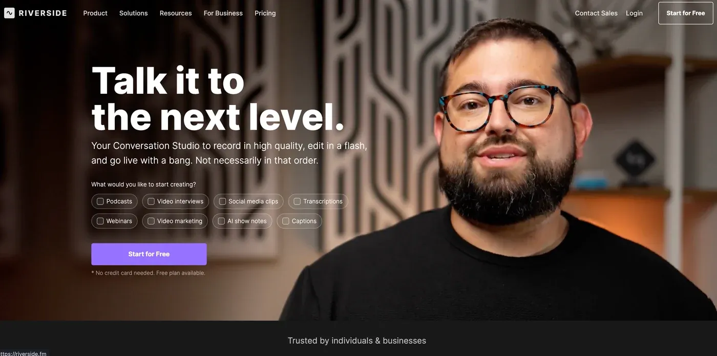 Riverside homepage headline "Talk it to the next level." beside a bearded man in glasses