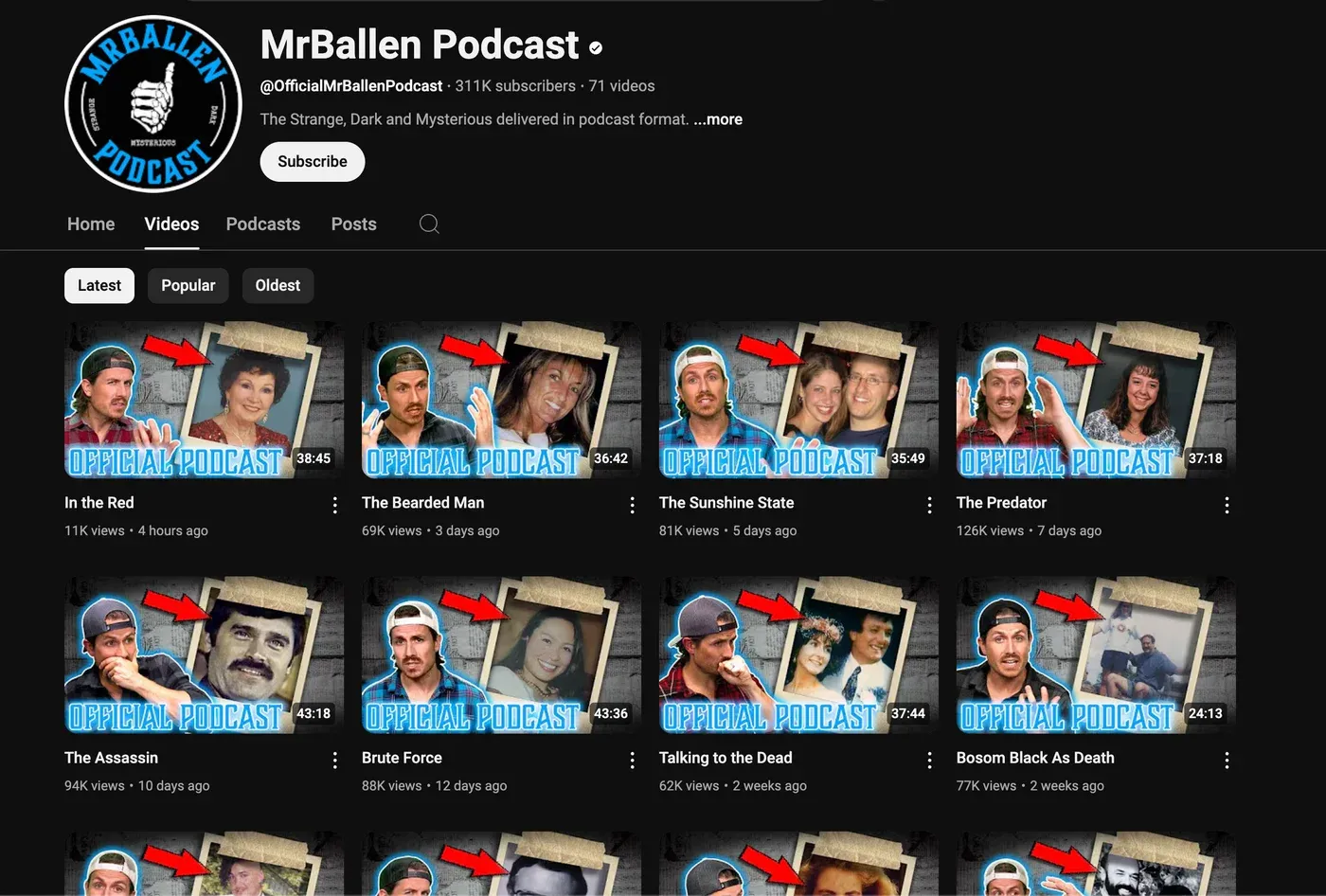 MrBallen Podcast YouTube channel page with thumbnails all using red arrows and OFFICIAL PODCAST text overlays