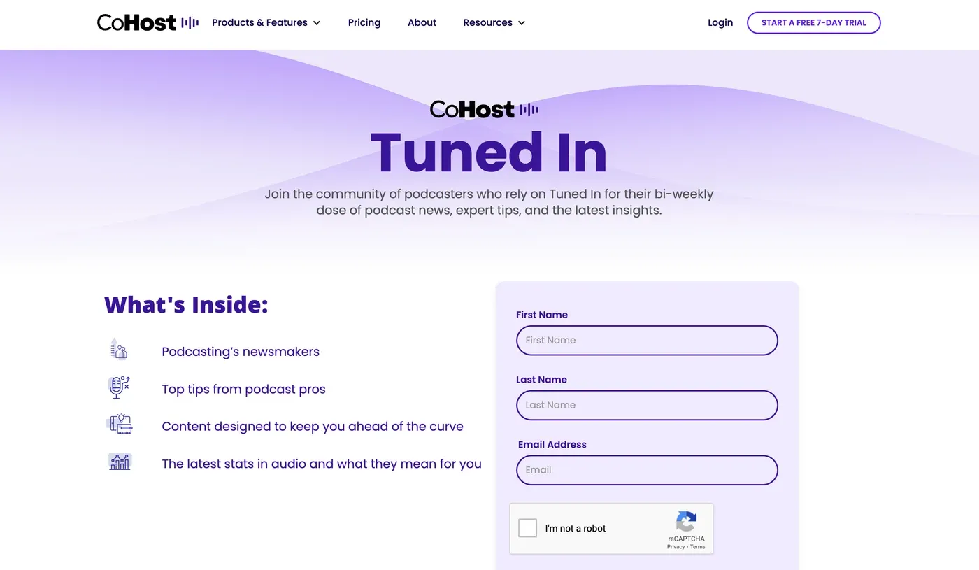 The Tuned In signup page on the CoHost website, with a subscription form and a What’s Inside list of newsletter features