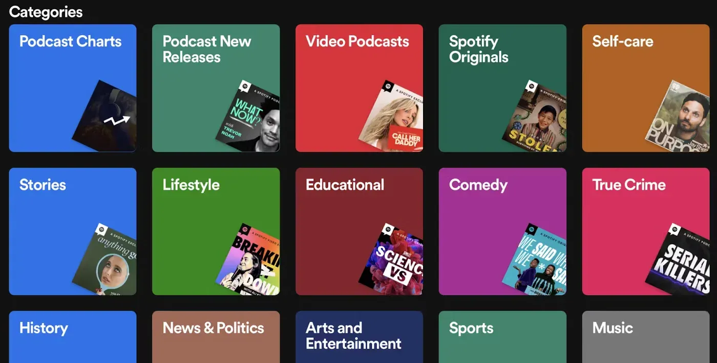 Spotify's "Categories" browse page with colorful tiles like Podcast Charts, Video Podcasts, Comedy, and True Crime.