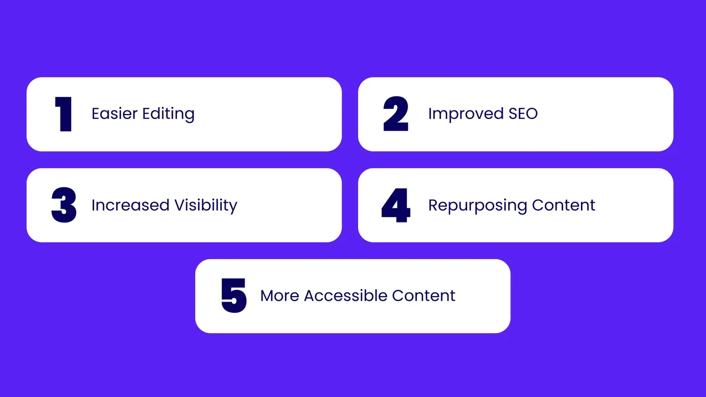 Five numbered white cards on purple listing Easier Editing, Improved SEO, Increased Visibility, Repurposing Content, More Accessible Content