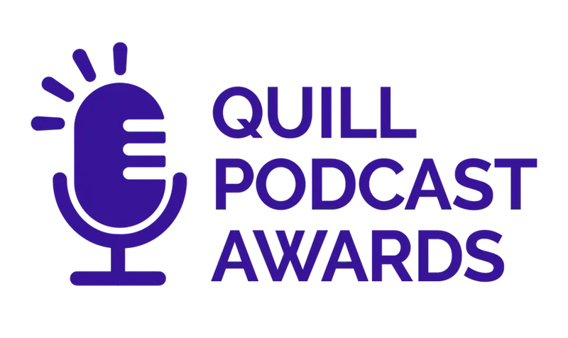 "QUILL PODCAST AWARDS" logo in purple beside a matching microphone icon with radiating sound lines