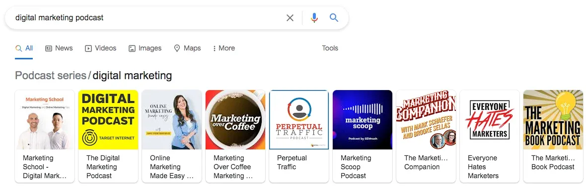 Google search for "digital marketing podcast" showing a Podcast series carousel of show cover art results