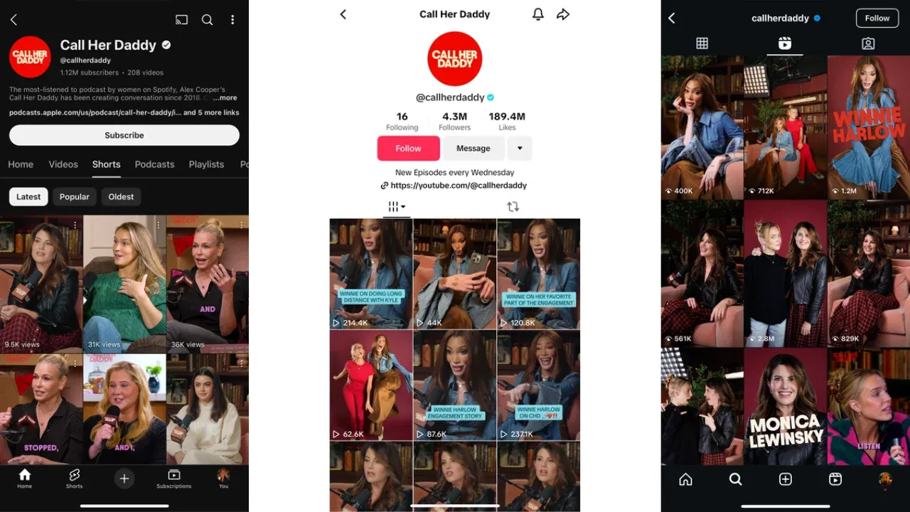 Three mobile screens of the "Call Her Daddy" podcast on YouTube, TikTok, and Instagram showing short-form clip grids