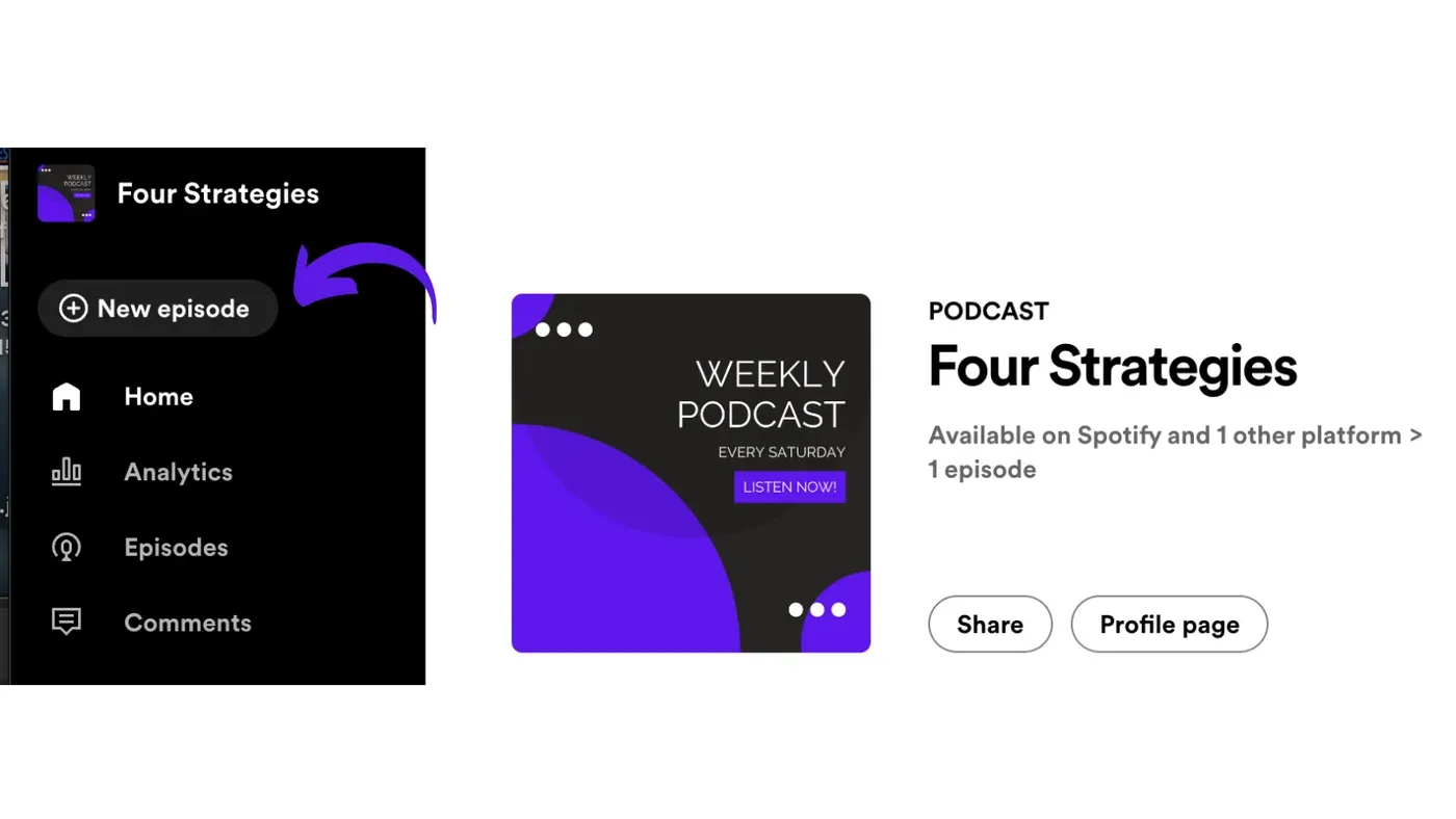 Spotify for Podcasters dashboard for "Four Strategies" with a purple arrow pointing at the New episode button