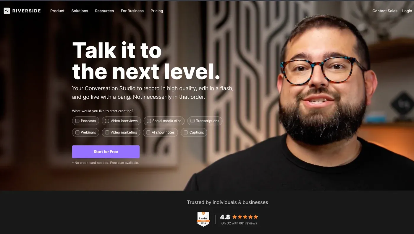 Riverside homepage headline "Talk it to the next level." beside a bearded man in glasses