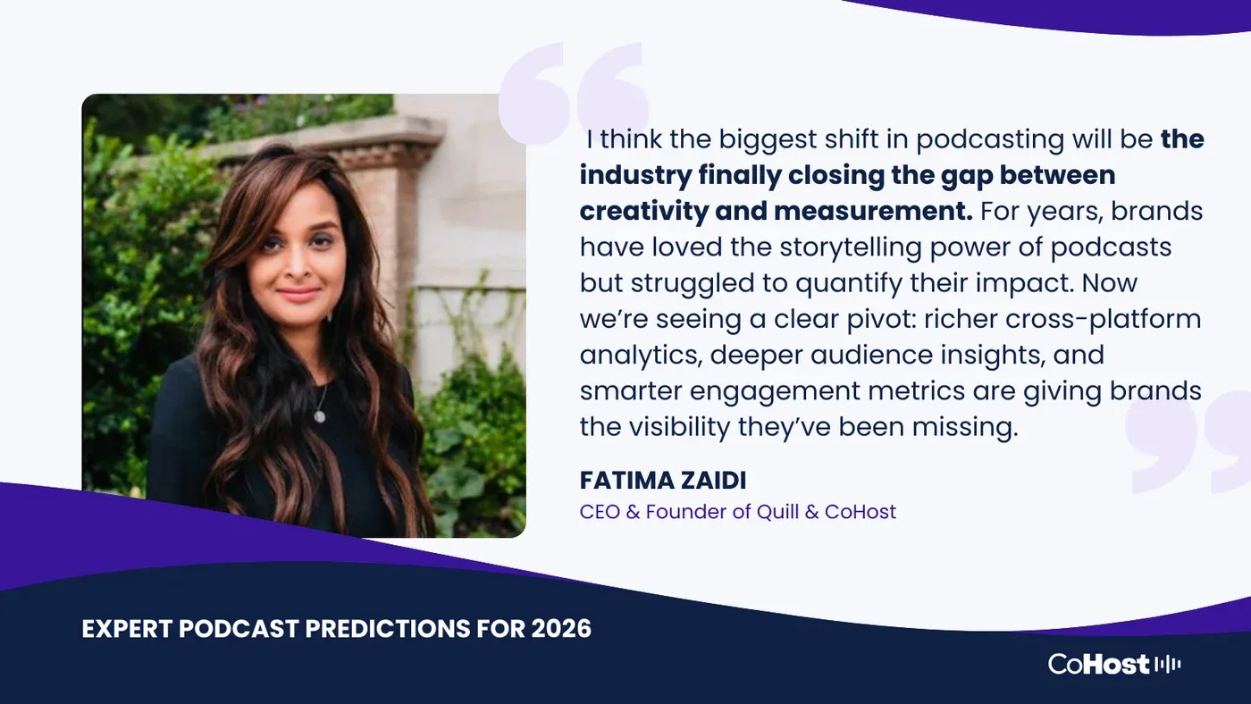 Fatima Zaidi, CEO and Founder of Quill and CoHost, in a quote card headed "Expert Podcast Predictions for 2026".