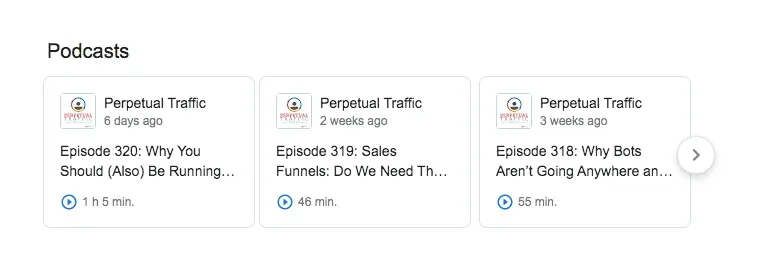 Google "Podcasts" carousel of Perpetual Traffic episode cards showing titles, ages, and durations