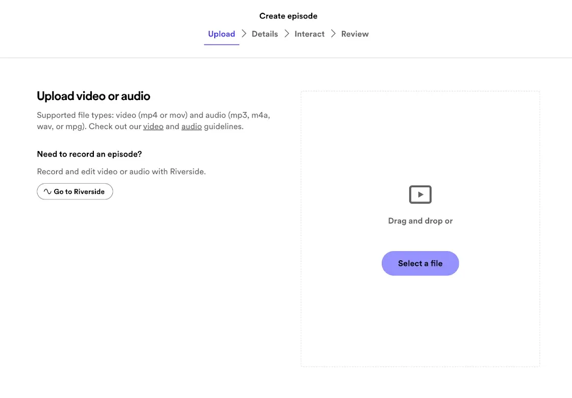 Spotify "Create episode" screen on the Upload step with an "Upload video or audio" drag-and-drop file area