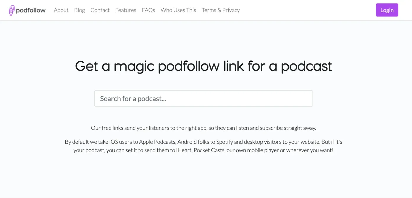 Podfollow homepage headed "Get a magic podfollow link for a podcast" with a podcast search box below the nav bar.