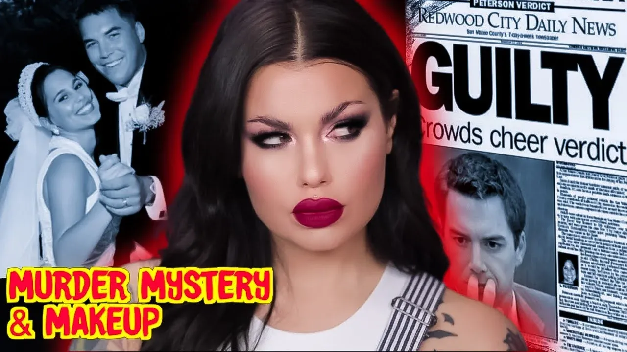 YouTube thumbnail with a woman in bold makeup framed by a GUILTY newspaper and yellow "MURDER MYSTERY & MAKEUP" text