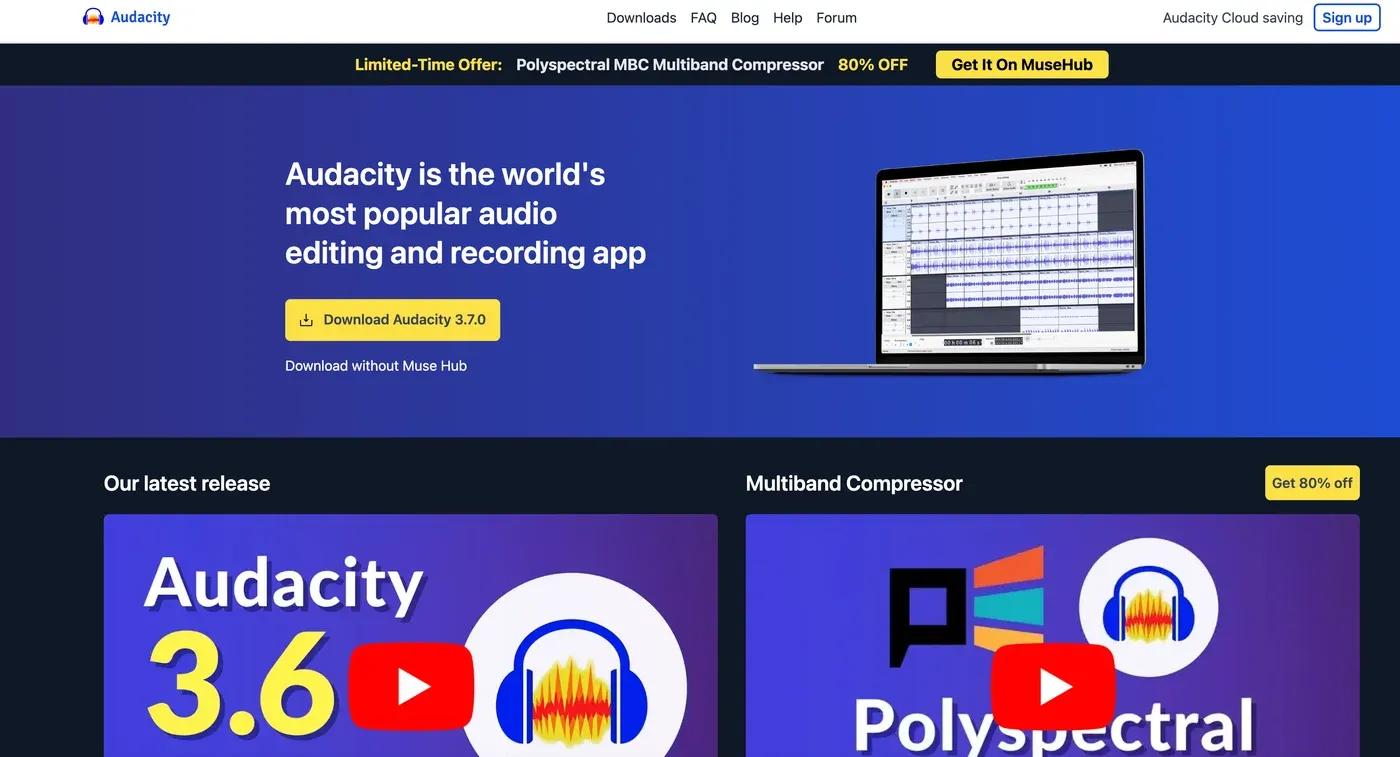 Audacity homepage headline "Audacity is the world's most popular audio editing and recording app" beside a laptop.