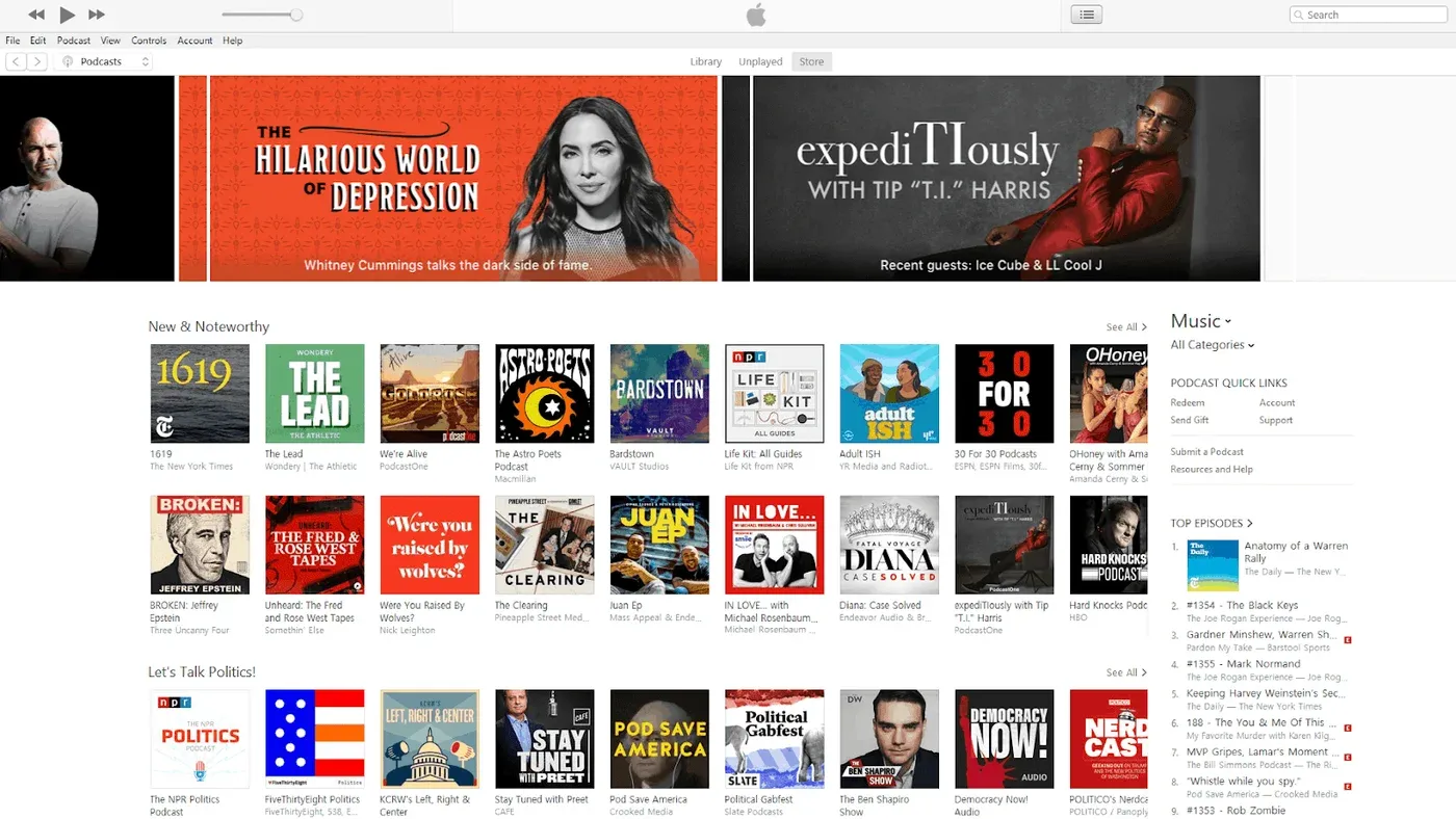 Apple Podcasts Store in iTunes showing New & Noteworthy and Let's Talk Politics rows of podcast cover art