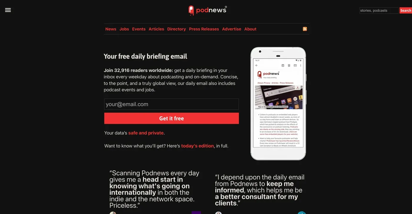 The Podnews homepage promoting its free daily briefing email, with a signup field, a phone mockup, and reader testimonials
