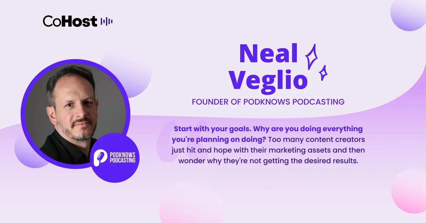 CoHost quote card for "Neal Veglio, Founder of PodKnows Podcasting" with his headshot and podcast logo