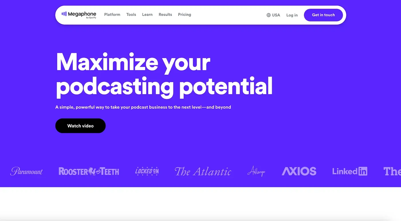 Megaphone by Spotify homepage with the headline 'Maximize your podcasting potential' and client logos including Paramount, The Atlantic, and LinkedIn