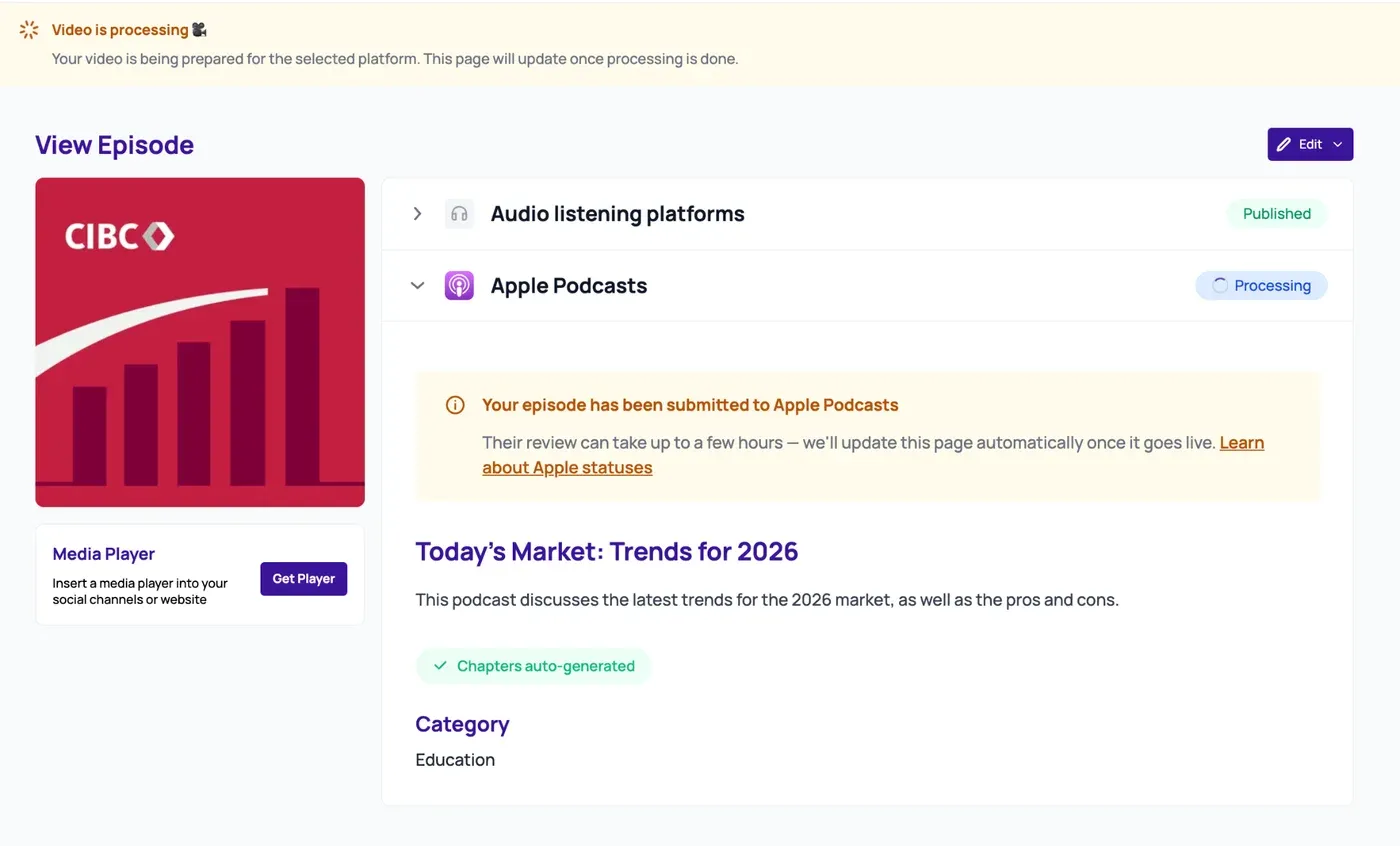 CoHost View Episode page showing Apple Podcasts "Processing" and Audio listening platforms "Published" for a CIBC episode