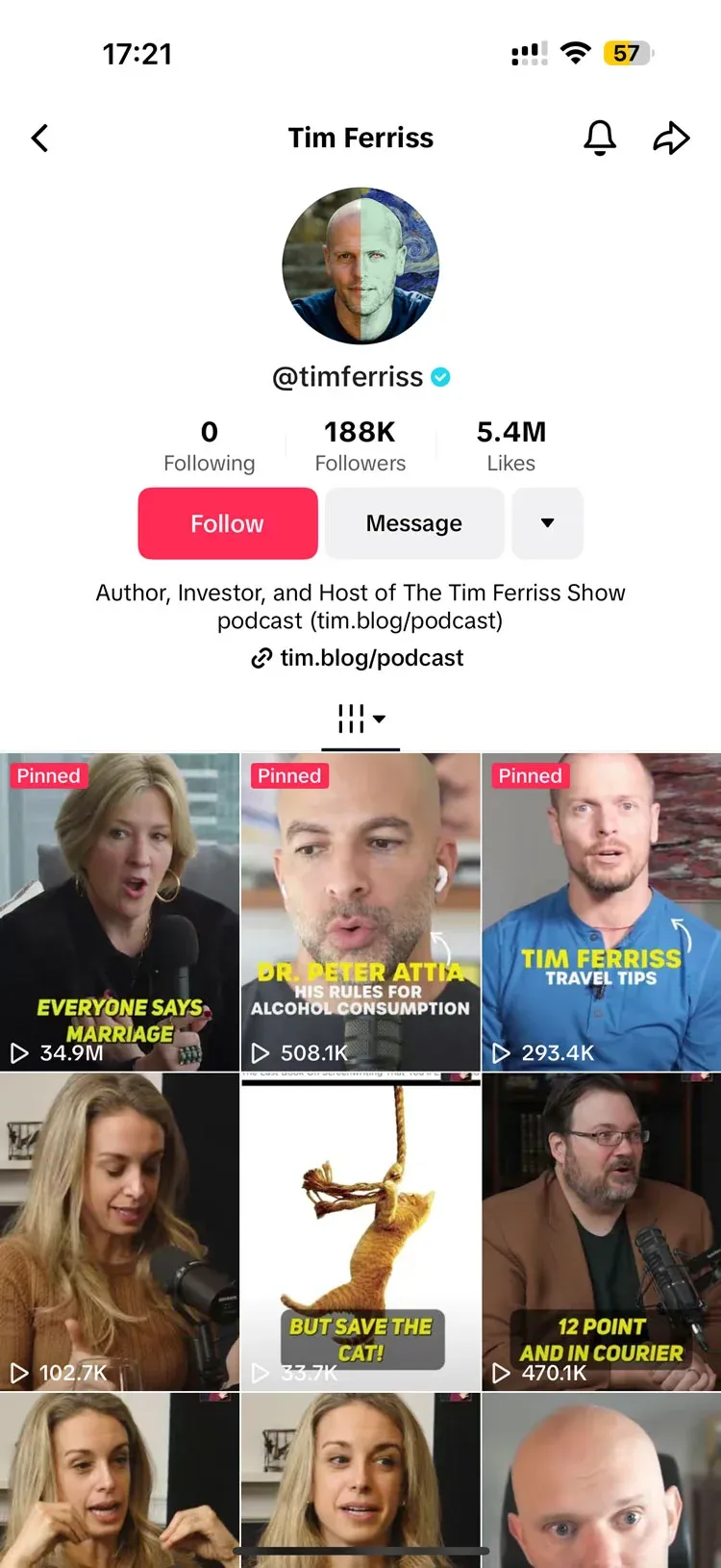 Tim Ferriss TikTok profile @timferriss with 188K followers and a grid of pinned podcast clip videos