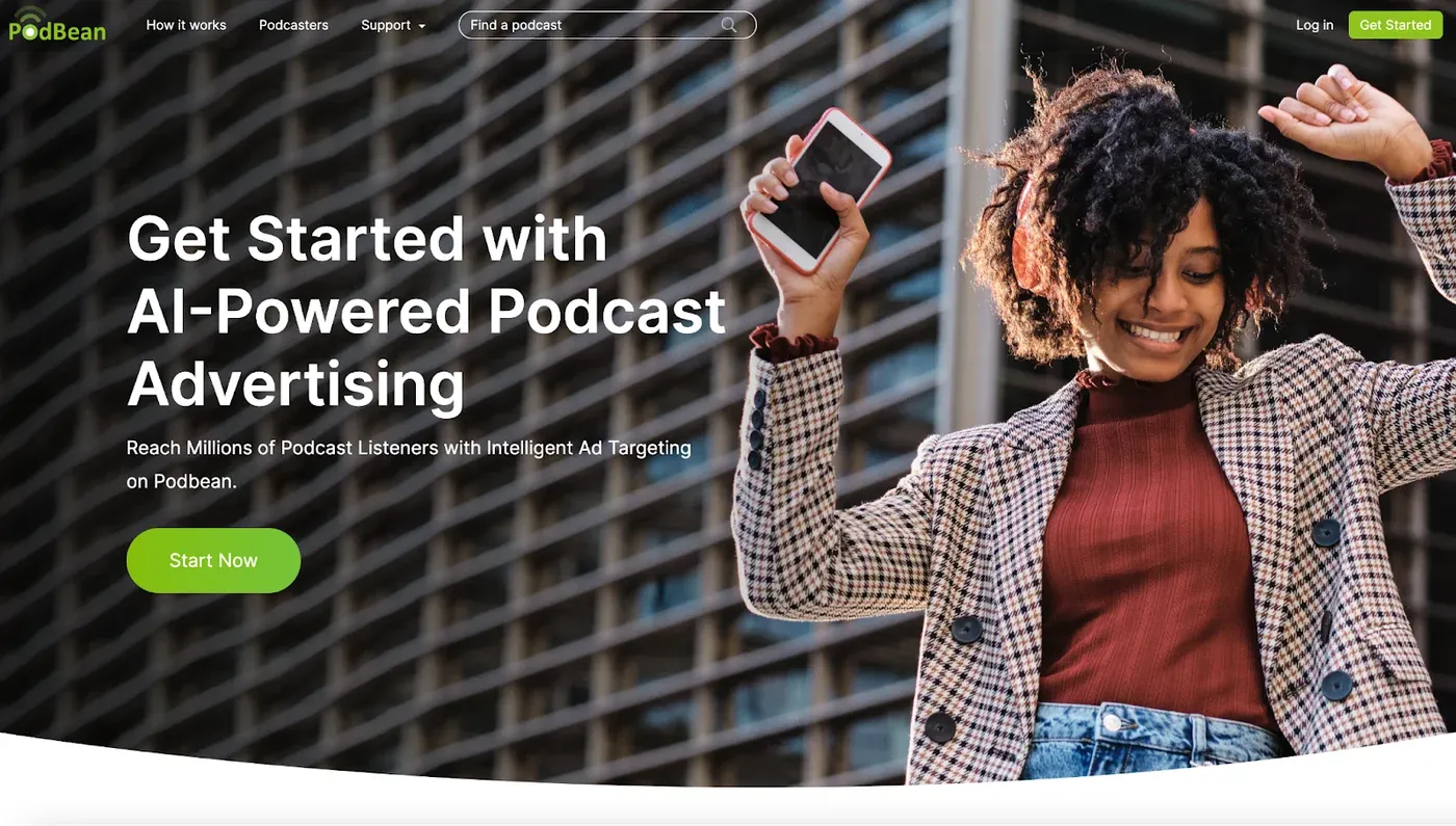 Podbean landing page headline "Get Started with AI-Powered Podcast Advertising" beside a smiling woman holding a phone