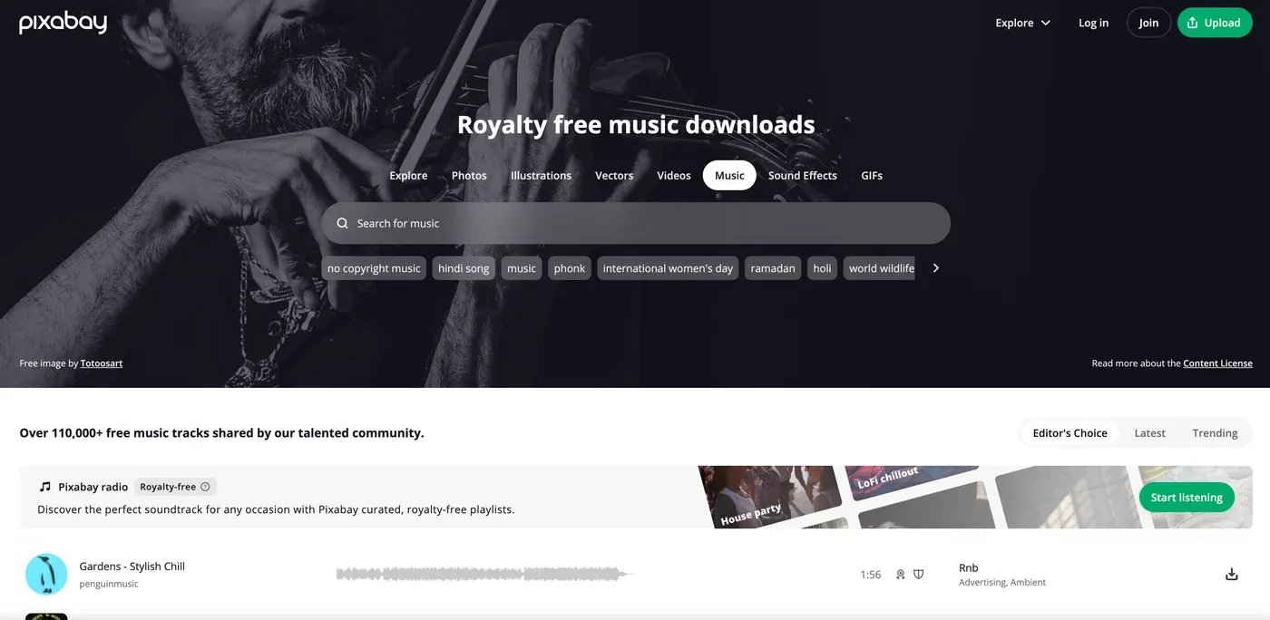 Pixabay Music page headlined "Royalty free music downloads" with a search bar and the Music tab selected.