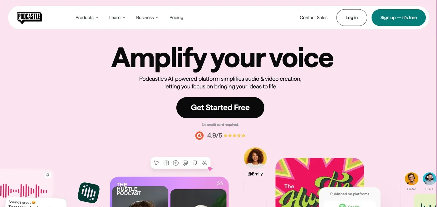Podcastle homepage with the headline "Amplify your voice" and a "Get Started Free" button above a 4.9/5 rating