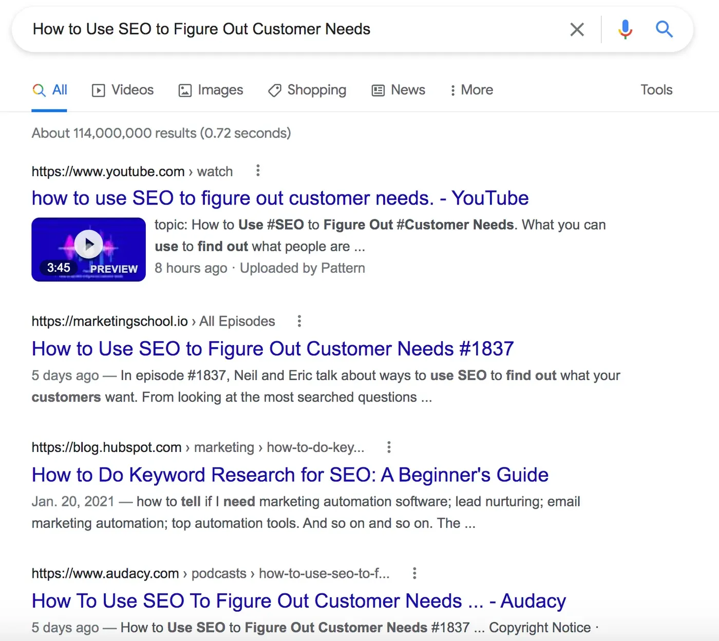 Google search results for "How to Use SEO to Figure Out Customer Needs" with a YouTube video and podcast episode listings