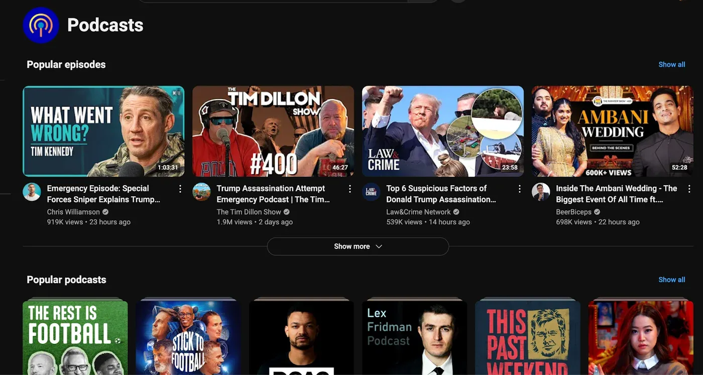 YouTube "Podcasts" page showing Popular episodes and Popular podcasts rows with video thumbnails and view counts