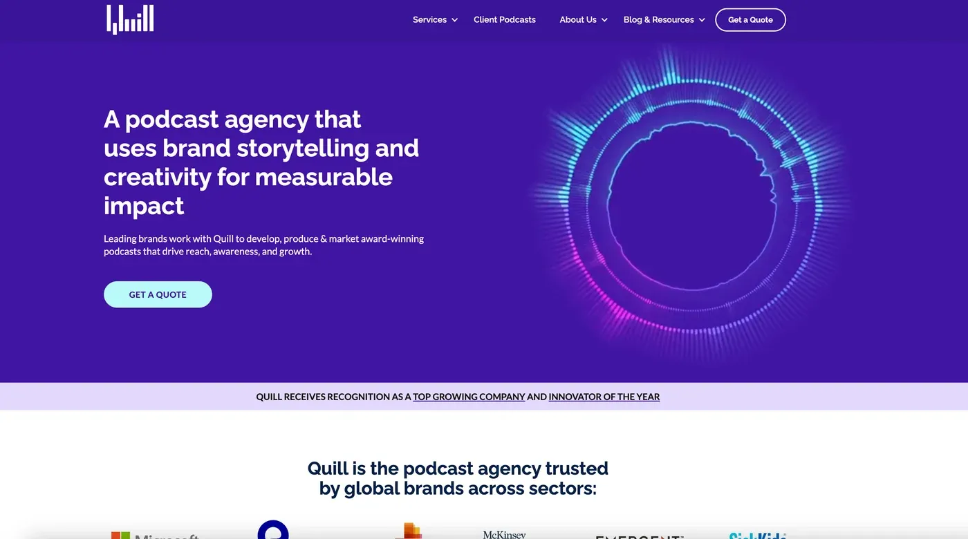 Quill's purple homepage headline reads "A podcast agency that uses brand storytelling and creativity for measurable impact".