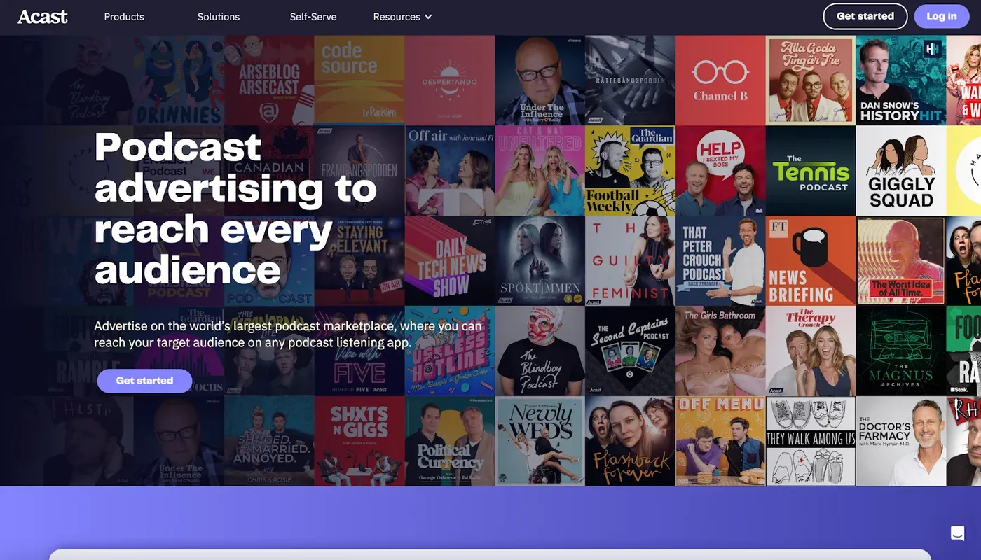 Acast advertising page headlined "Podcast advertising to reach every audience" over a grid of podcast cover art