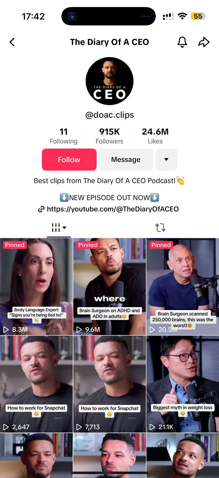 "The Diary Of A CEO" TikTok profile @doac.clips with 915K followers and a grid of pinned podcast clips