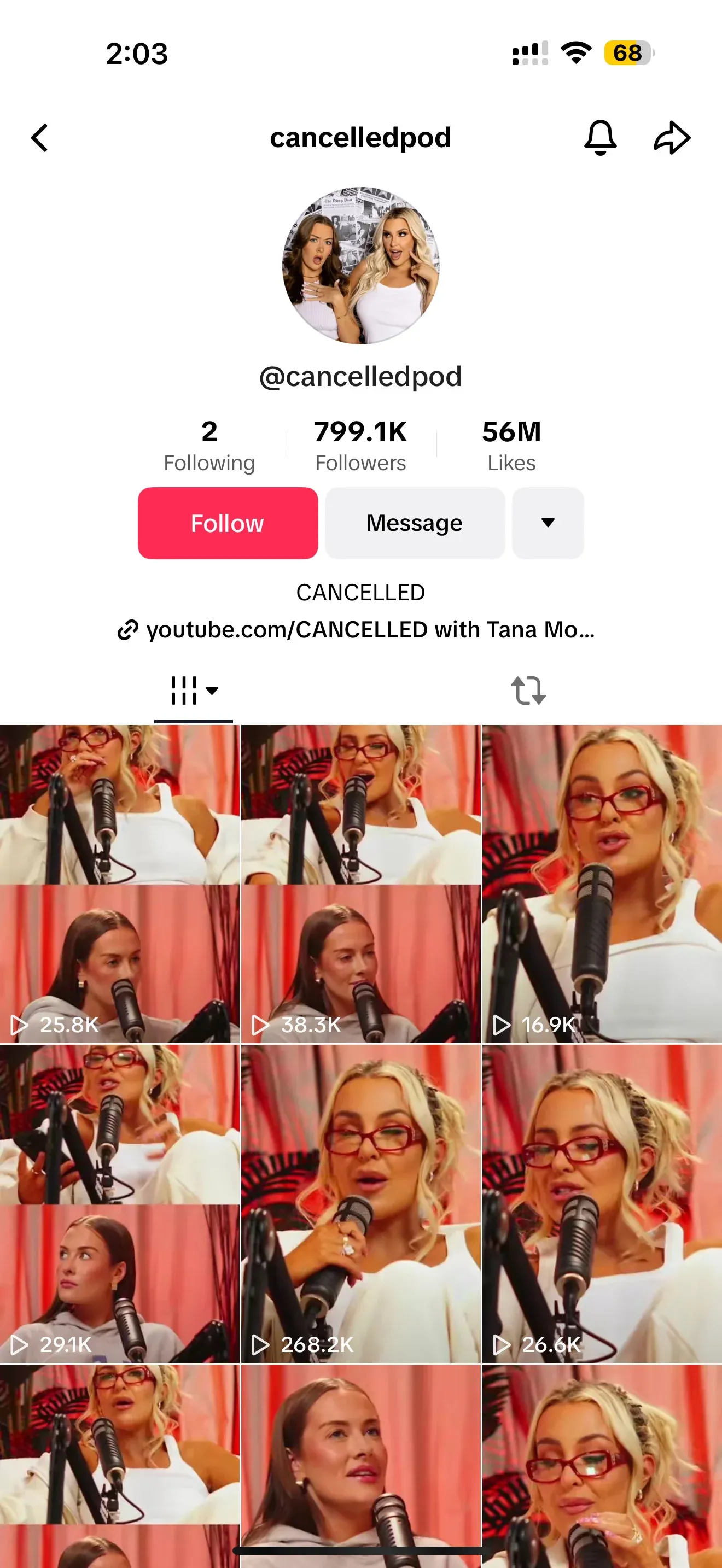 TikTok profile for @cancelledpod showing 799.1K followers, 56M likes, and a grid of podcast video clips