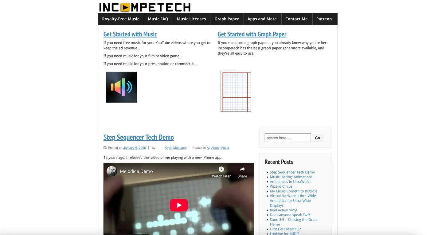 Incompetech homepage with "Get Started with Music" and "Get Started with Graph Paper" columns under the site logo and nav bar.