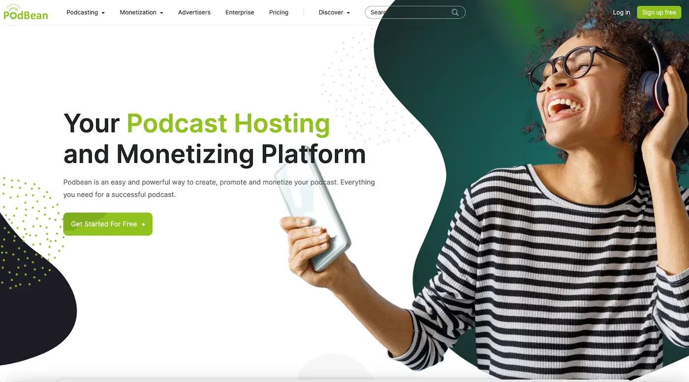 Podbean homepage with the headline 'Your Podcast Hosting and Monetizing Platform' beside a photo of a listener wearing headphones