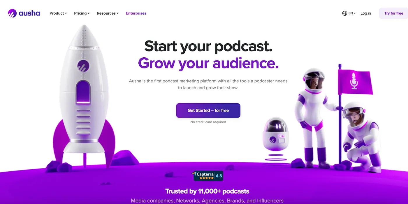 Ausha homepage headline "Start your podcast. Grow your audience." beside a purple rocket and astronauts