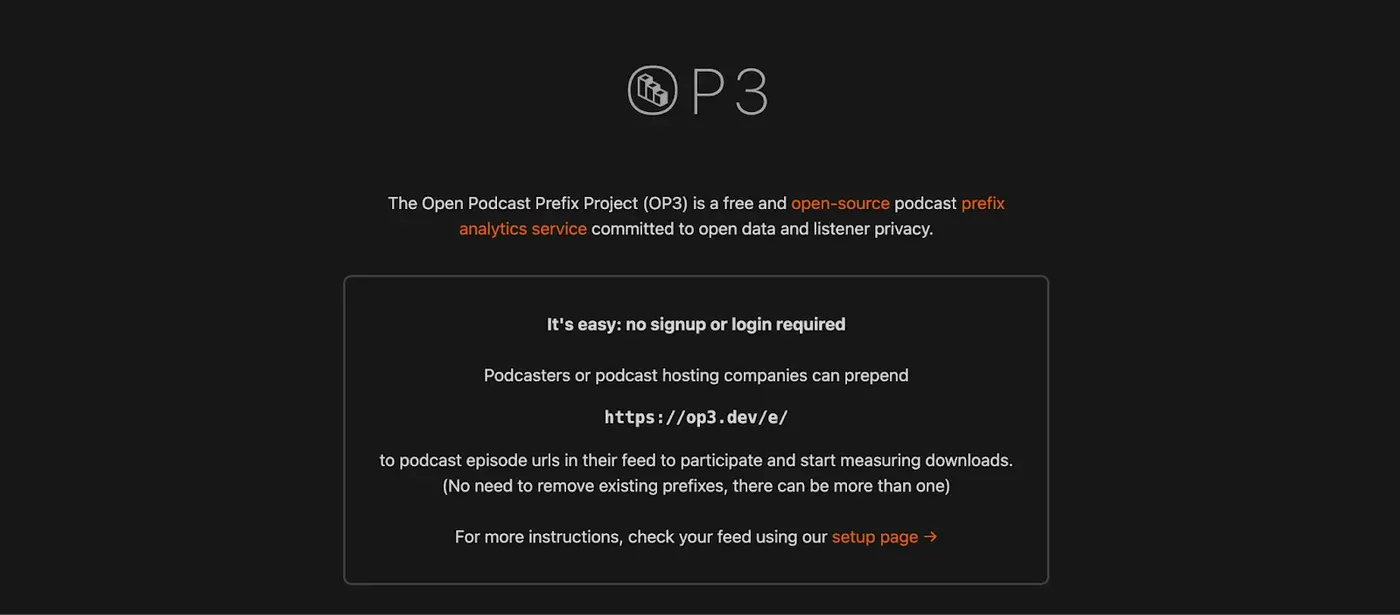 OP3 homepage describing the Open Podcast Prefix Project with the https://op3.dev/e/ prefix and no signup required