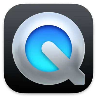 QuickTime Player app icon with a silver Q ring around a blue center on a black rounded square