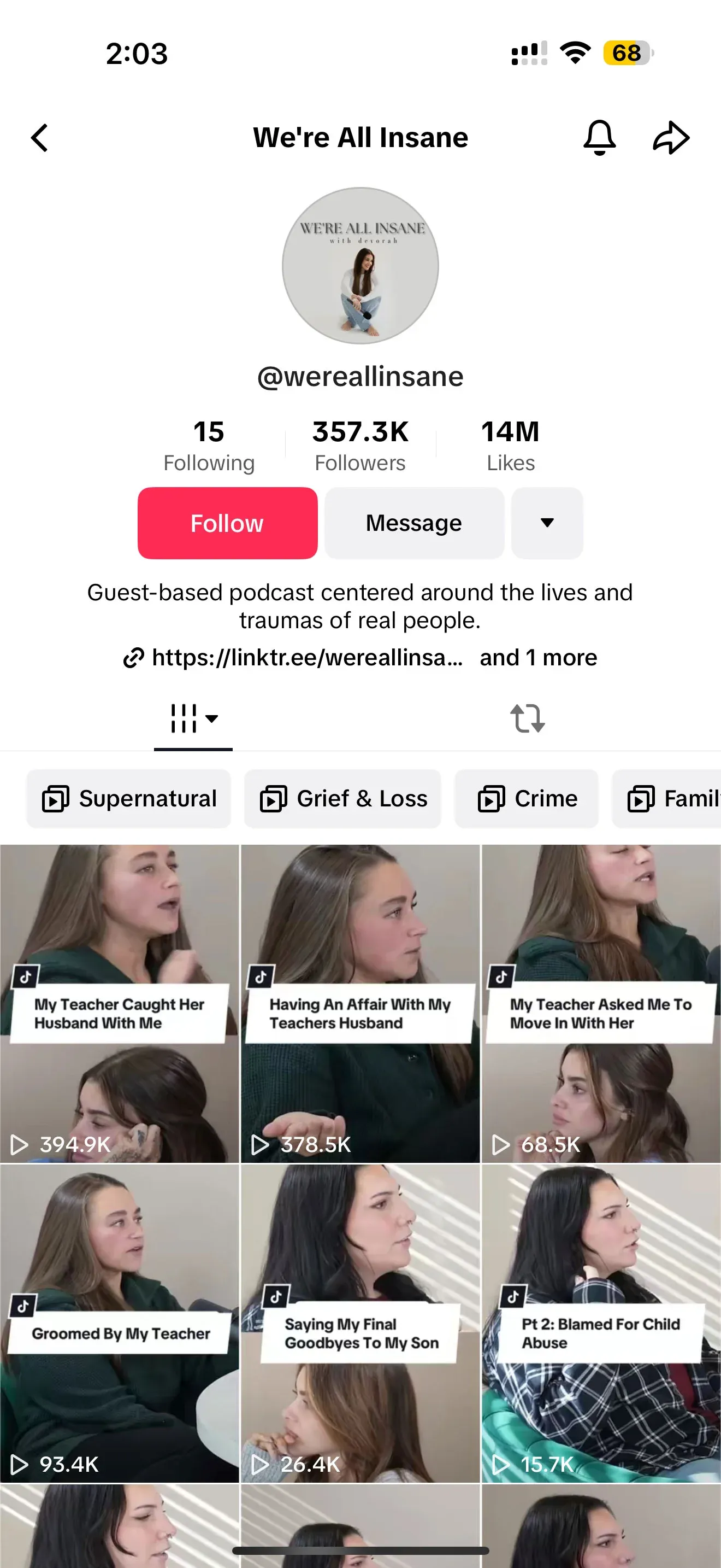 TikTok profile for "We're All Insane" @wereallinsane with 357.3K followers and a grid of video thumbnails