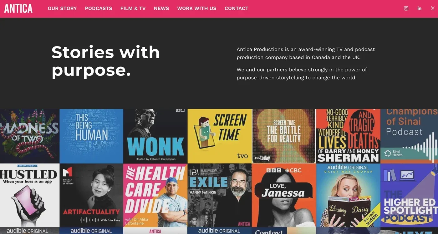 Antica Productions website with "Stories with purpose." headline above a grid of podcast cover art