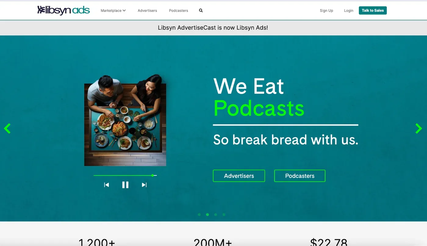 Libsyn Ads homepage with teal "We Eat Podcasts" hero over an overhead photo of two people sharing a meal