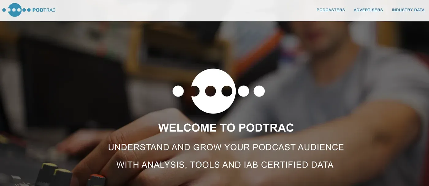 Podtrac homepage hero reading "WELCOME TO PODTRAC" over a person at an audio mixing board.