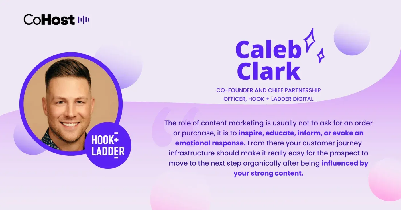 Quote card titled "Caleb Clark" with his headshot, Hook + Ladder badge, and CoHost logo on a purple background.