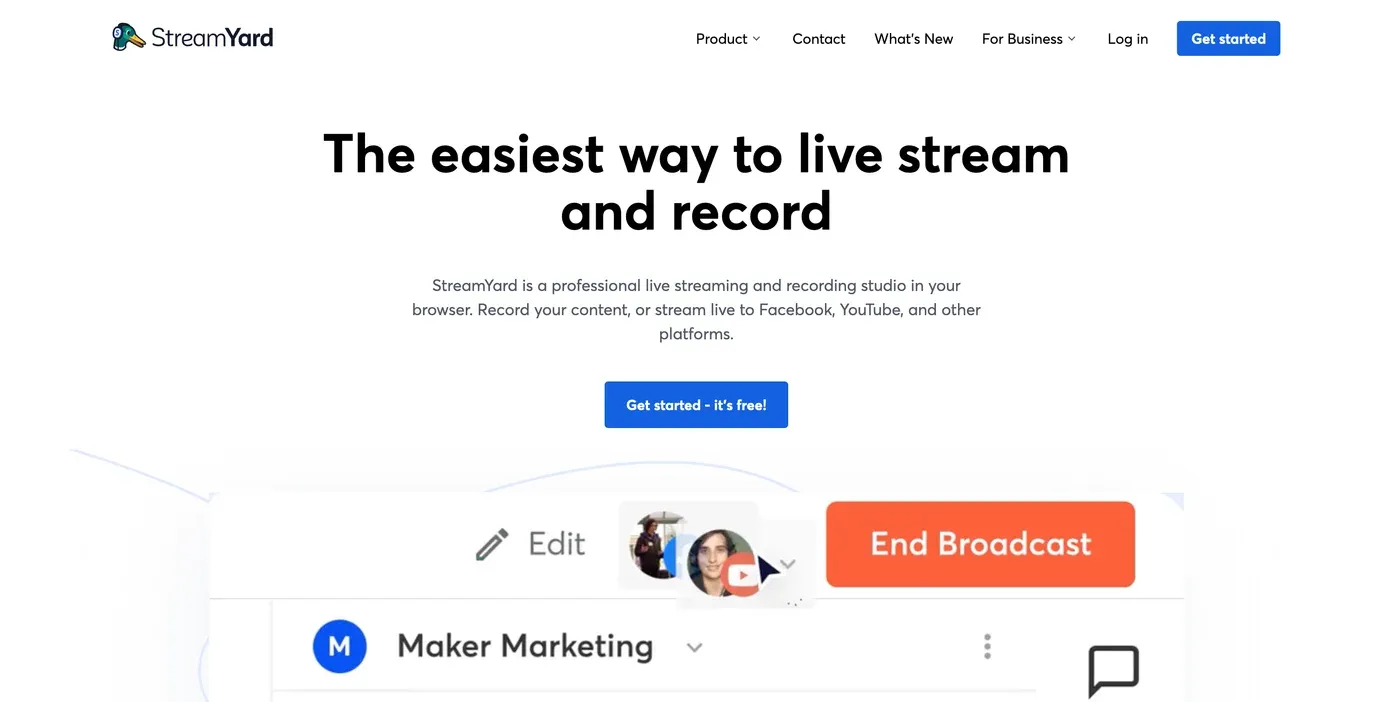 StreamYard homepage headline "The easiest way to live stream and record" above a broadcast studio preview.