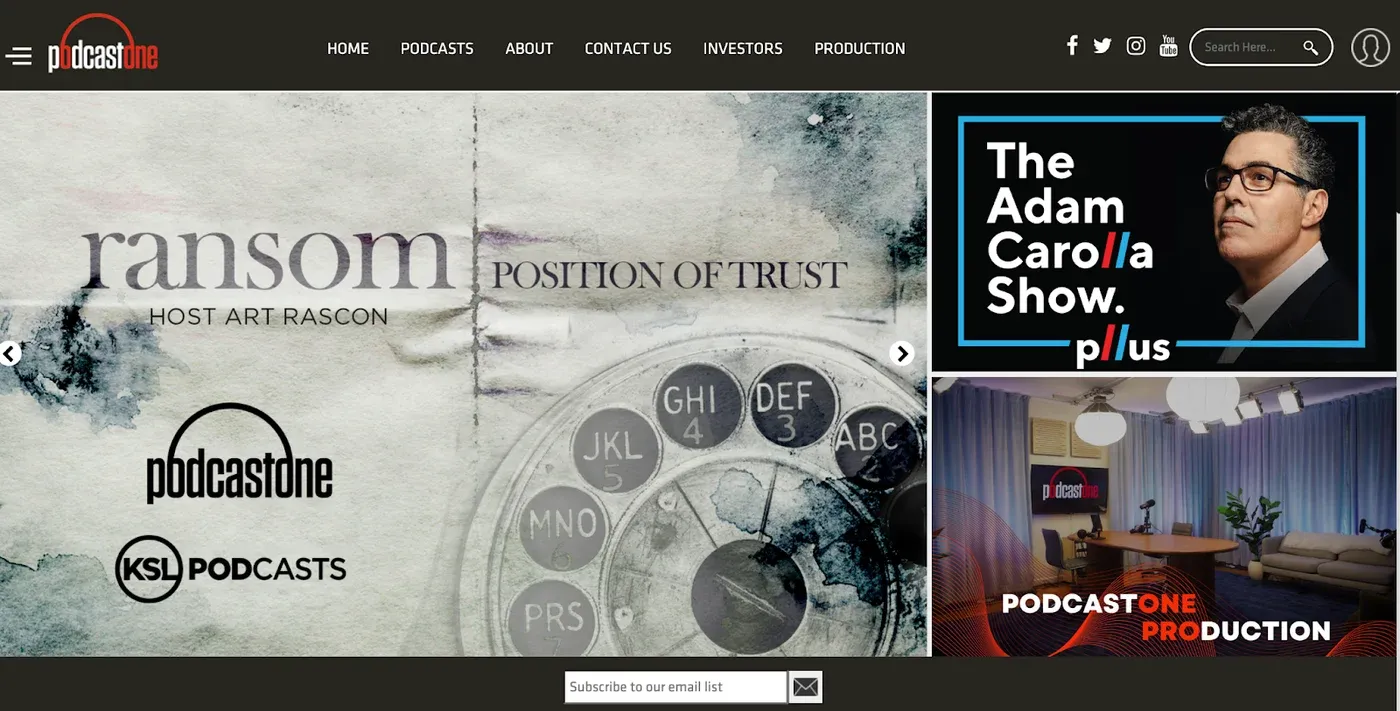PodcastOne homepage featuring the "Ransom" show and a promo for "The Adam Carolla Show."