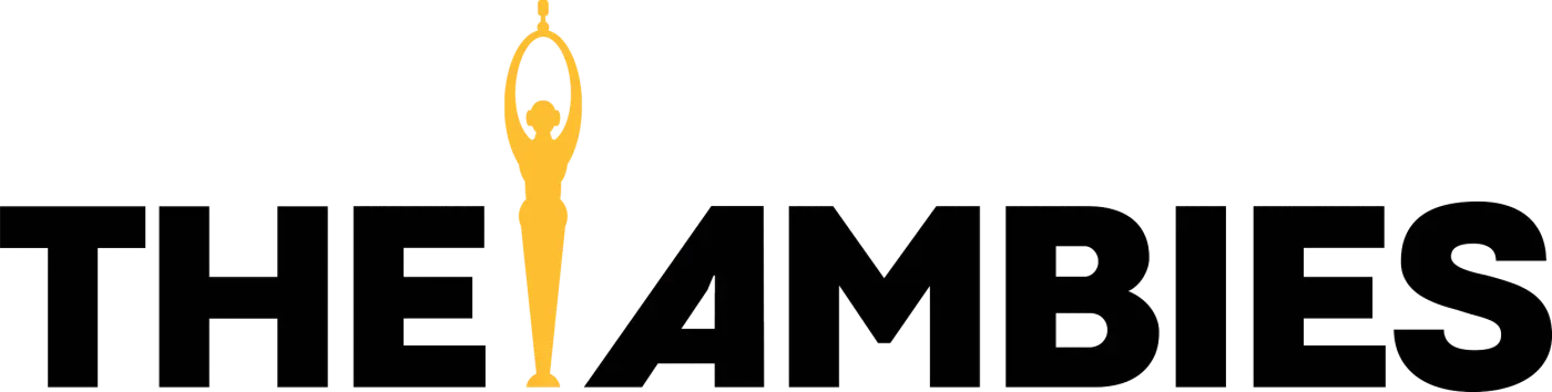"THE AMBIES" logo in black with a gold award statuette of a figure raising a ring standing in for the letter I