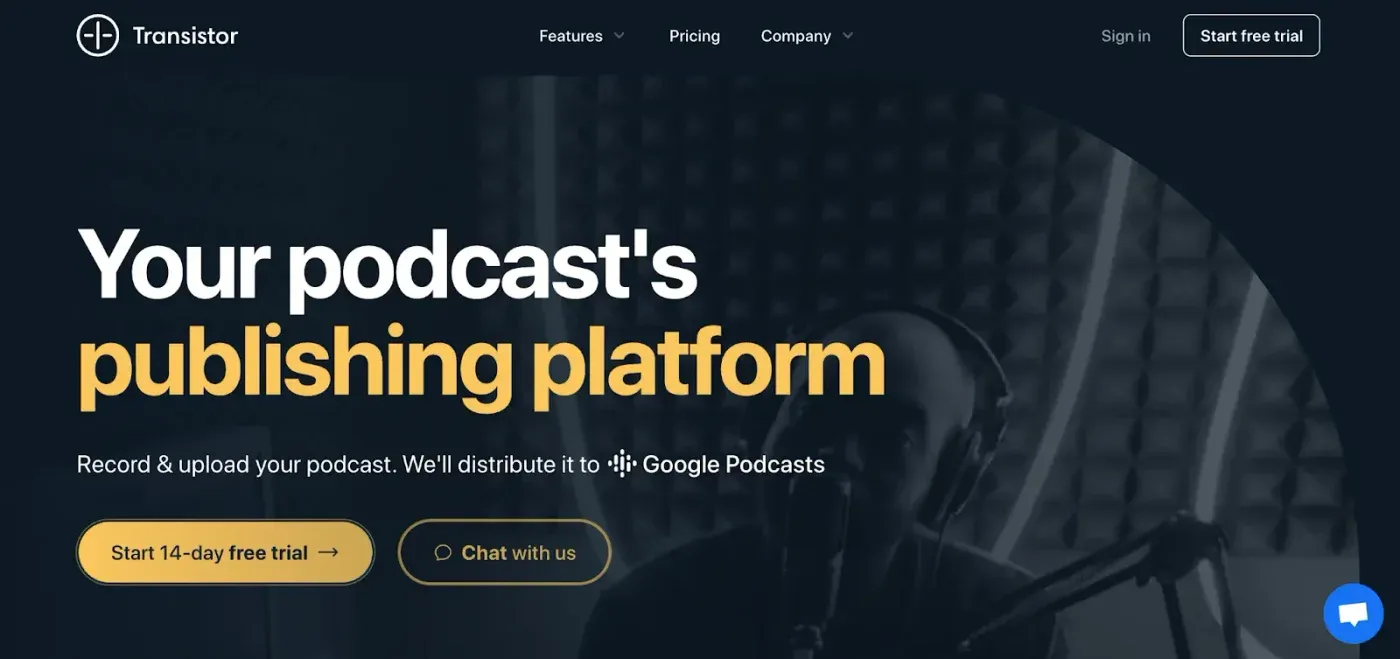 Transistor homepage headline "Your podcast's publishing platform" with a Start 14-day free trial button