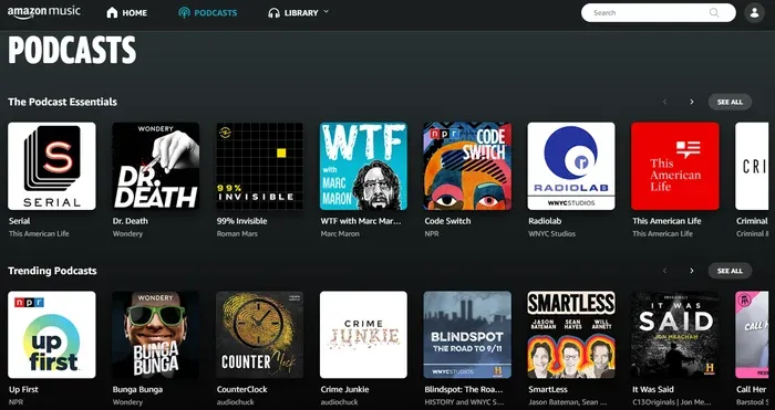 Amazon Music Podcasts page showing "The Podcast Essentials" and "Trending Podcasts" rows of show cover art