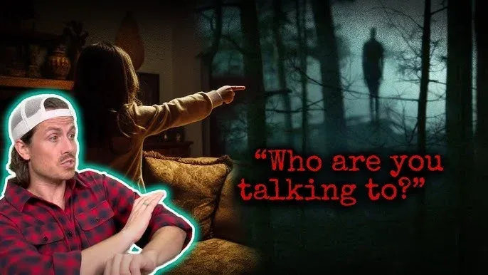 Teal-outlined man in red plaid reacts beside a woman pointing indoors, next to a shadowy forest figure and "Who are you talking to?"